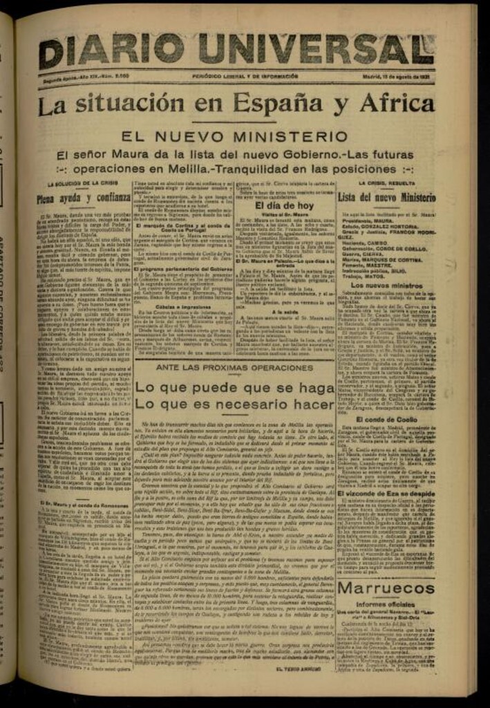 Miniatura de Diario Universal del 13 de agosto de 1921