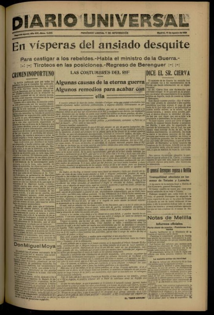 Miniatura de Diario Universal del 19 de agosto de 1921