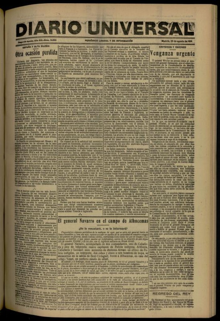 Miniatura de Diario Universal del 29 de agosto de 1921