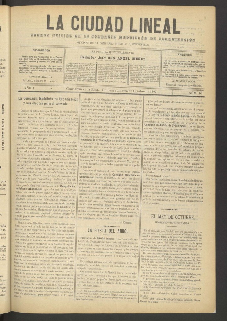 Miniatura de La Ciudad Lineal : órgano oficial de la Compañía Madrileña de Urbanización de la primera quincena de octubre de 1897