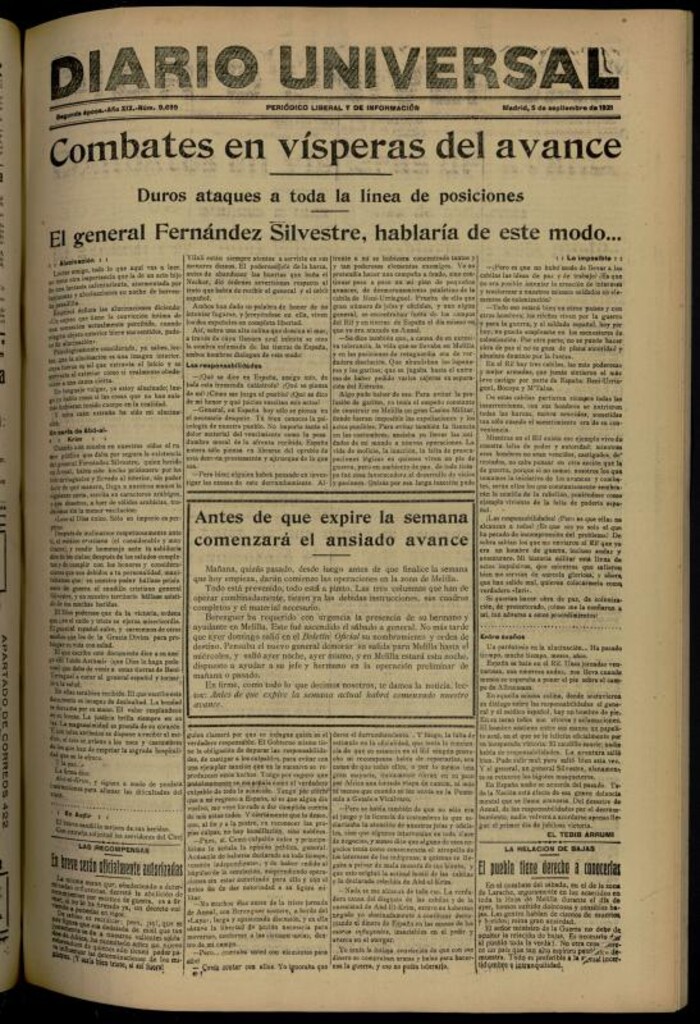 Miniatura de Diario Universal del 5 de septiembre de 1921