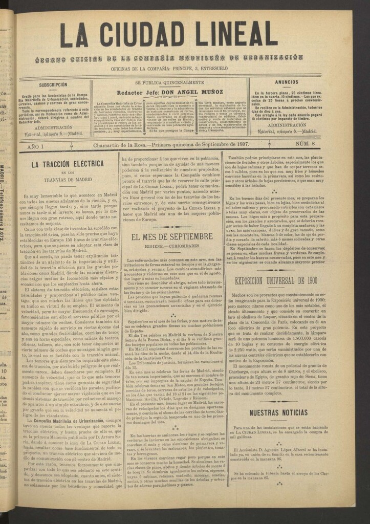 Miniatura de La Ciudad Lineal : órgano oficial de la Compañía Madrileña de Urbanización de la primera quincena de septiembre de 1897