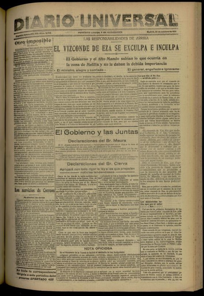 Miniatura de Diario Universal del 22 de octubre de 1921