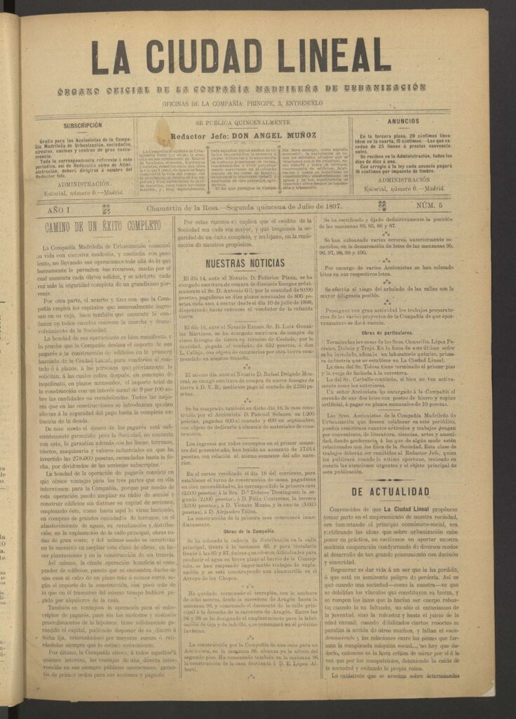 Miniatura de La Ciudad Lineal : órgano oficial de la Compañía Madrileña de Urbanización de la segunda quincena de julio de 1897