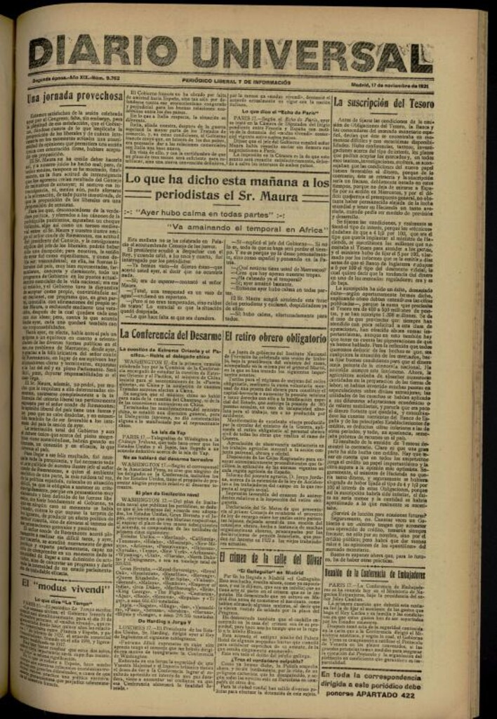 Miniatura de Diario Universal del 17 de noviembre de 1921