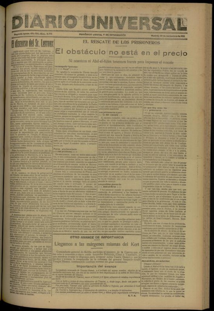 Miniatura de Diario Universal del 30 de noviembre de 1921