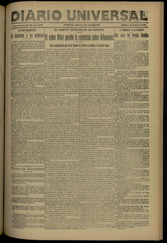 Miniatura de Diario Universal del 7 de diciembre de 1921