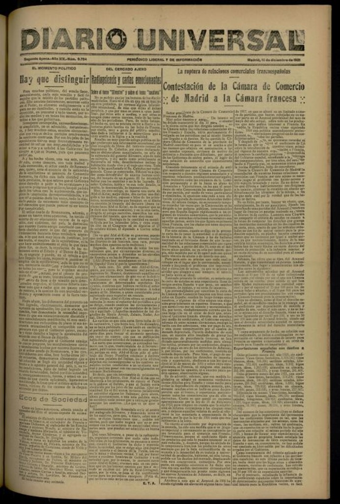Miniatura de Diario Universal del 13 de diciembre de 1921