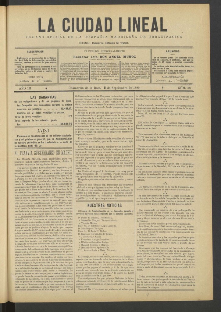 Miniatura de La Ciudad Lineal : órgano oficial de la Compañía Madrileña de Urbanización del 5 de septiembre de 1899