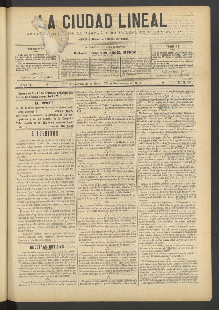 Miniatura de La Ciudad Lineal : órgano oficial de la Compañía Madrileña de Urbanización del 20 de septiembre de 1899