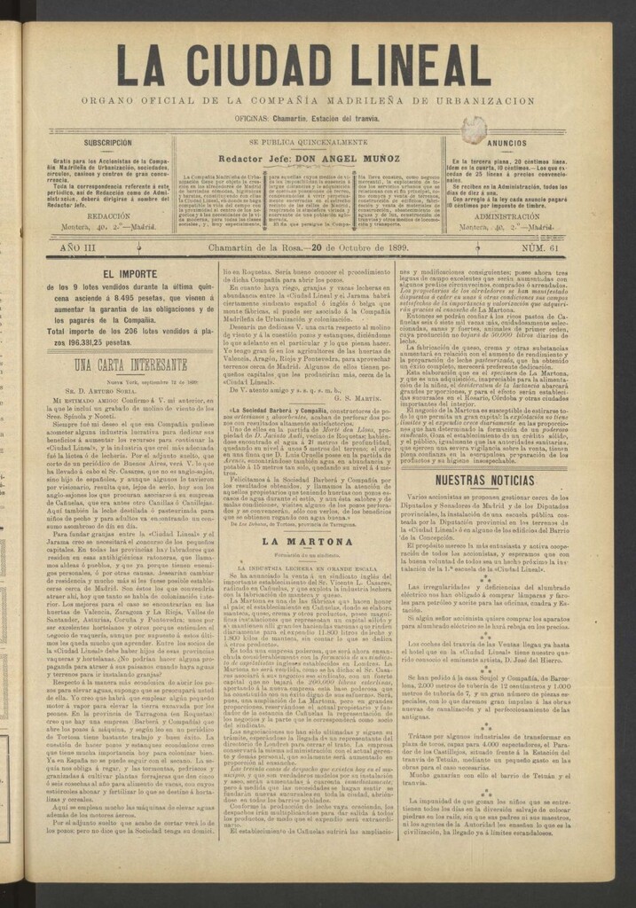 Miniatura de La Ciudad Lineal : órgano oficial de la Compañía Madrileña de Urbanización del 20 de octubre de 1899
