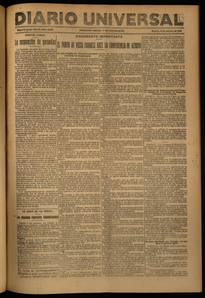 Miniatura de Diario Universal del 10 de febrero de 1922