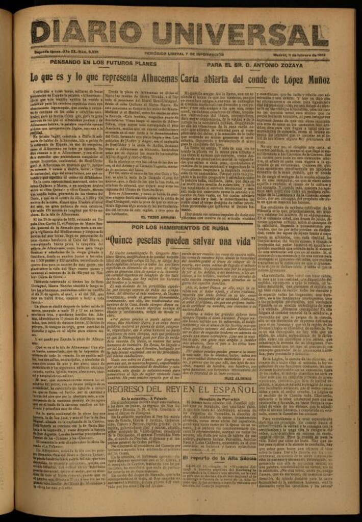 Miniatura de Diario Universal del 11 de febrero de 1922