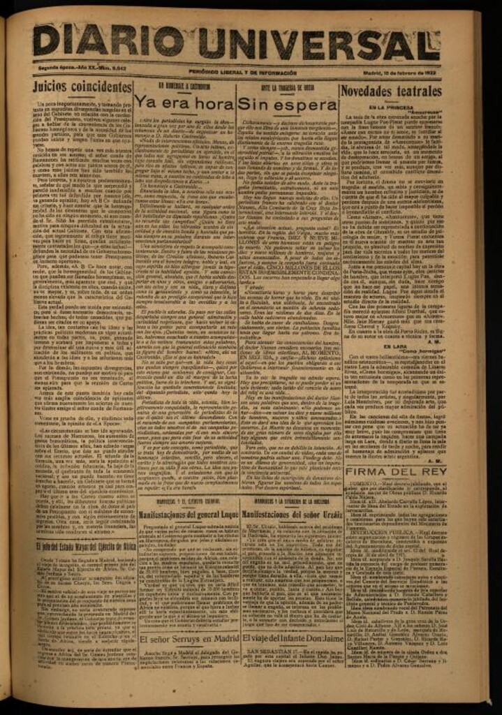 Miniatura de Diario Universal del 18 de febrero de 1922
