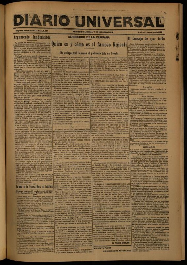 Miniatura de Diario Universal del 1 de marzo de 1922
