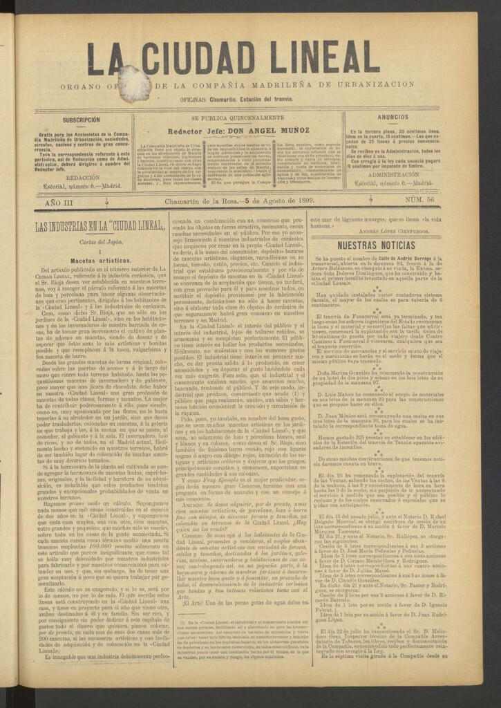 Miniatura de La Ciudad Lineal : órgano oficial de la Compañía Madrileña de Urbanización del 5 de agosto de 1899