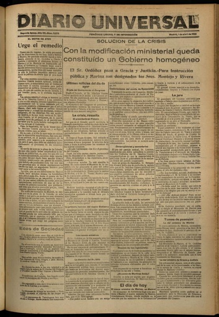 Miniatura de Diario Universal del 1 de abril de 1922