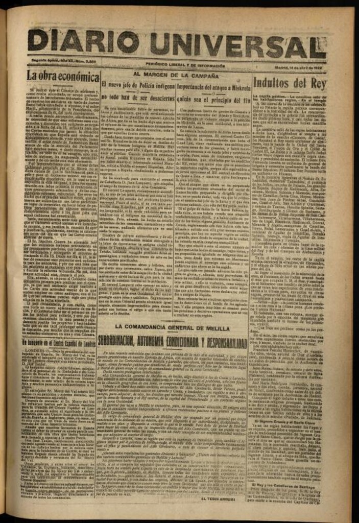 Miniatura de Diario Universal del 14 de abril de 1922