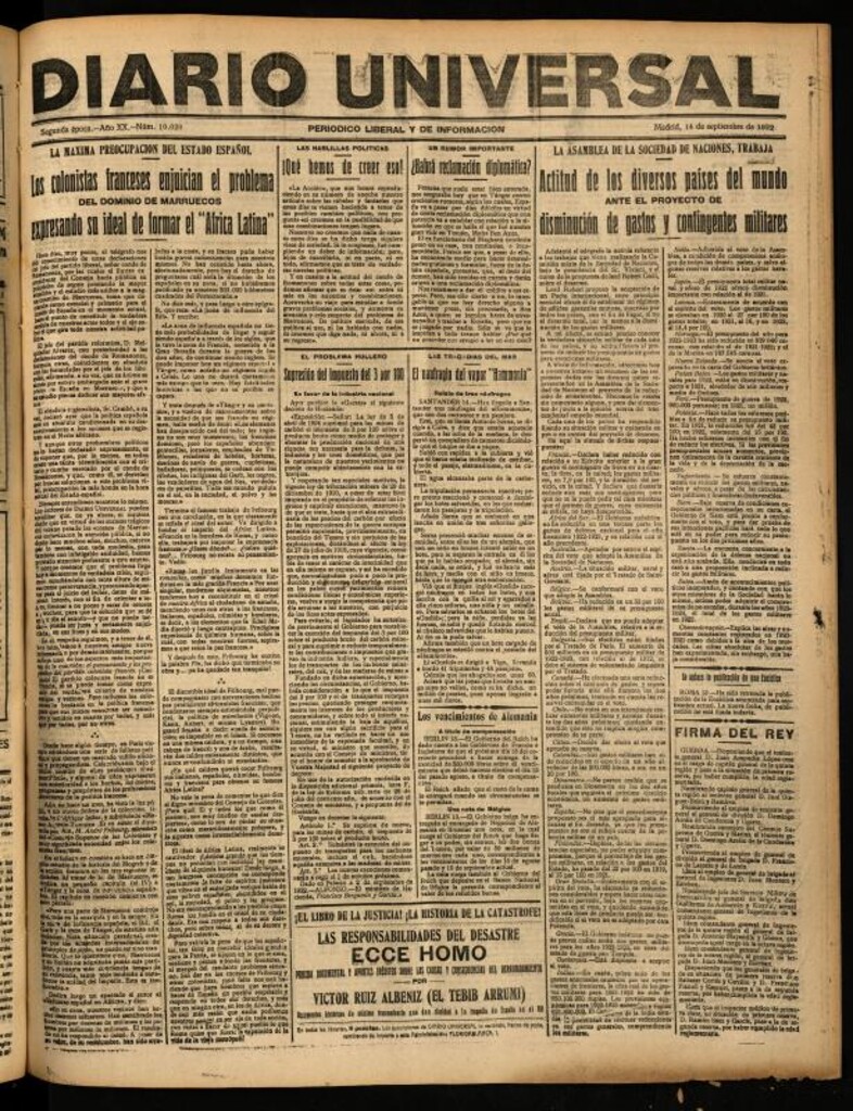 Miniatura de Diario Universal del 14 de septiembre de 1922