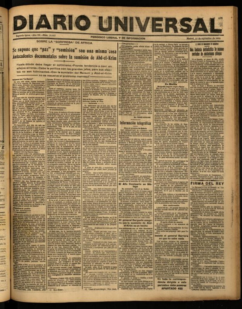 Miniatura de Diario Universal del 22 de septiembre de 1922
