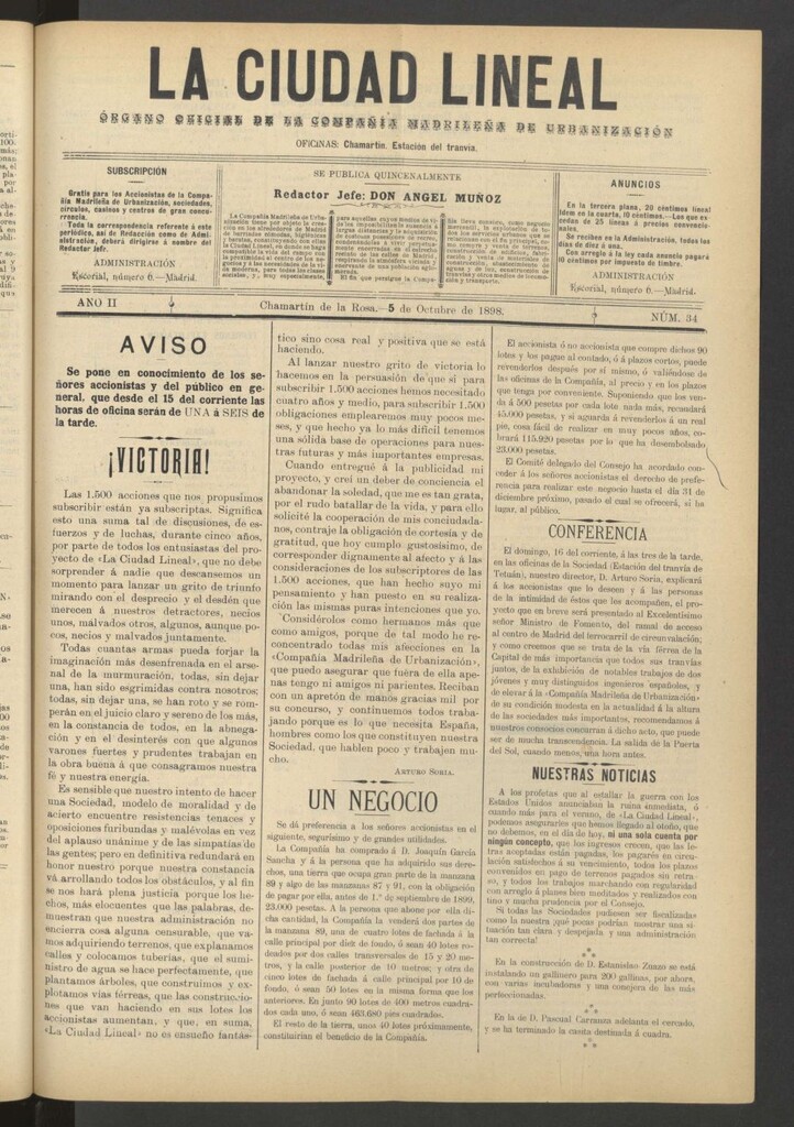 Miniatura de La Ciudad Lineal : órgano oficial de la Compañía Madrileña de Urbanización del 5 de octubre de 1898