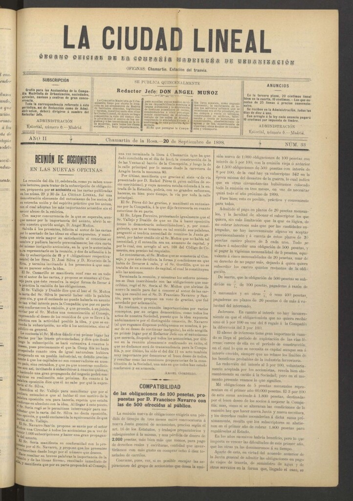 Miniatura de La Ciudad Lineal : órgano oficial de la Compañía Madrileña de Urbanización del 20 de septiembre de 1898