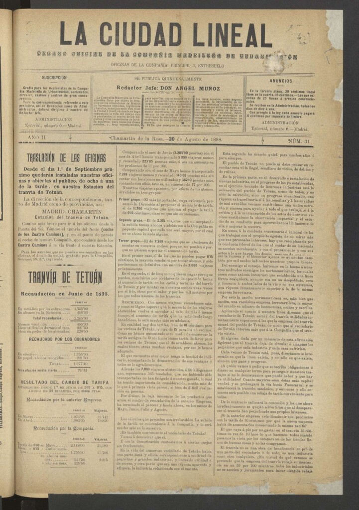 Miniatura de La Ciudad Lineal : órgano oficial de la Compañía Madrileña de Urbanización del 20 de agosto de 1898