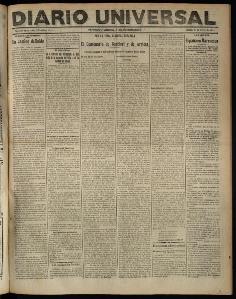 Miniatura de Diario Universal del 14 de febrero de 1923