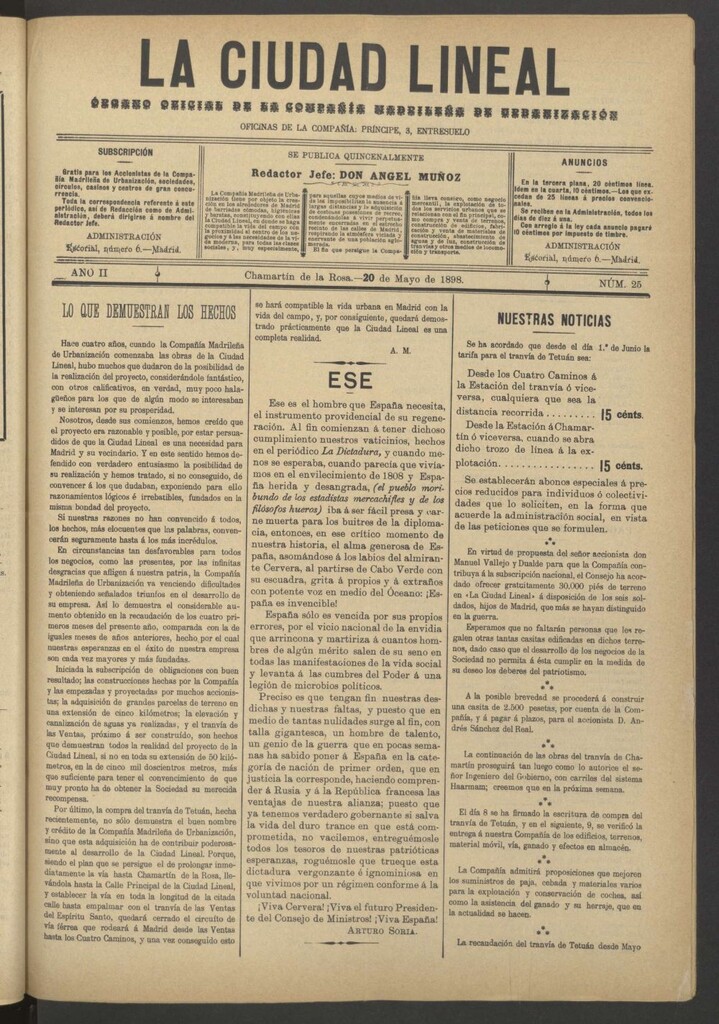 Miniatura de La Ciudad Lineal : órgano oficial de la Compañía Madrileña de Urbanización del 20 de mayo de 1898