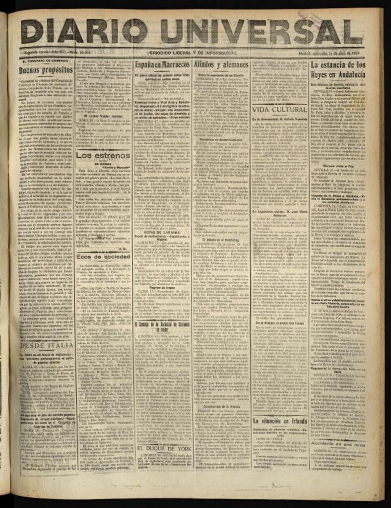 Miniatura de Diario Universal del 18 de abril de 1923