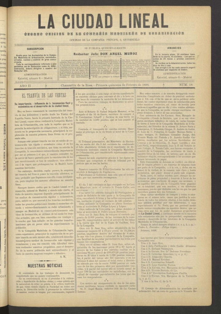Miniatura de La Ciudad Lineal : órgano oficial de la Compañía Madrileña de Urbanización de la primera quincena de febrero de 1898
