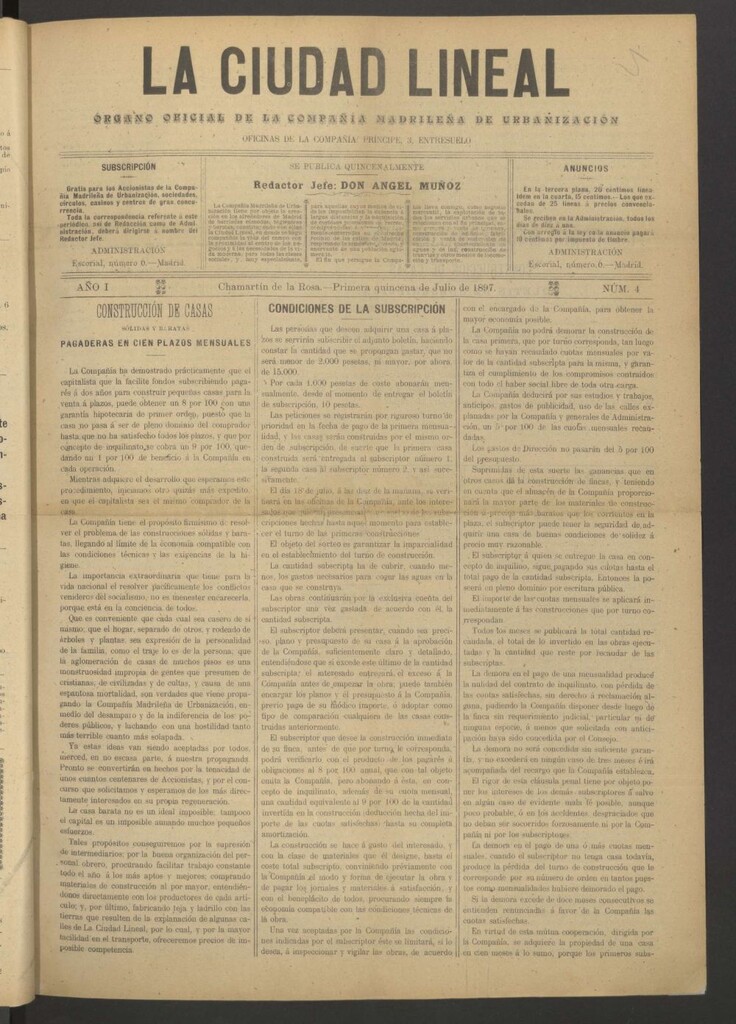Miniatura de La Ciudad Lineal : órgano oficial de la Compañía Madrileña de Urbanización de la primera quincena de julio de 1897