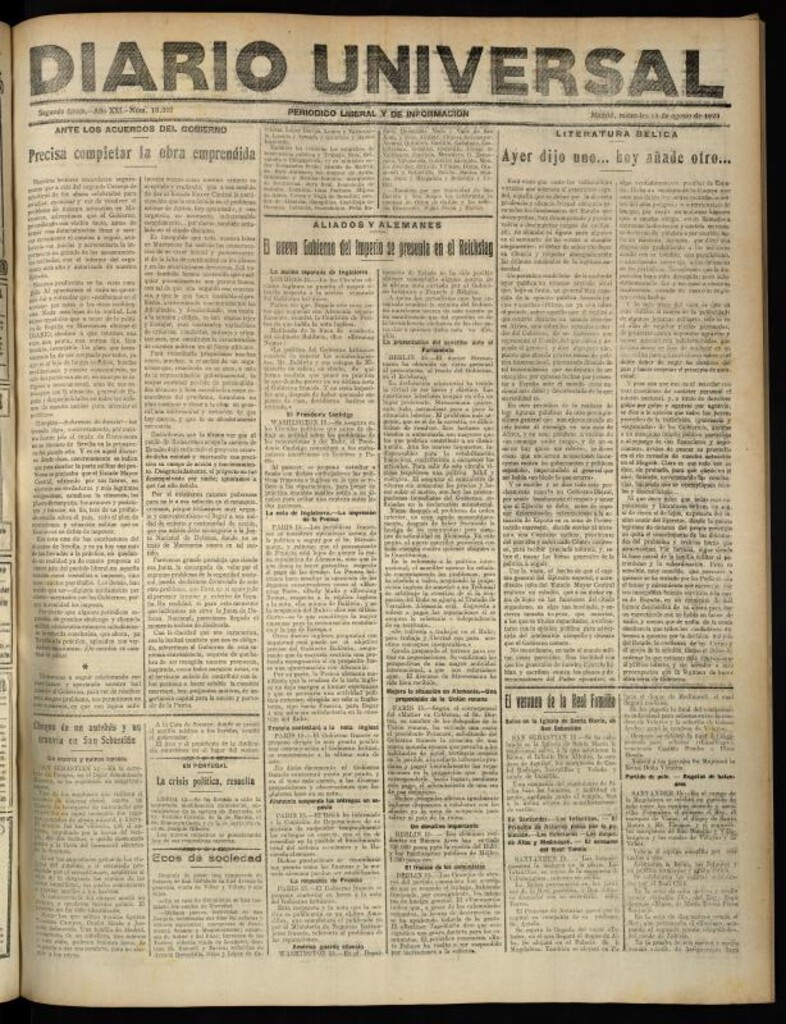 Miniatura de Diario Universal del 15 de agosto de 1923