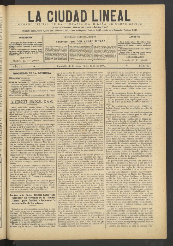 Miniatura de La Ciudad Lineal : órgano oficial de la Compañía Madrileña de Urbanización del 5 de julio de 1900
