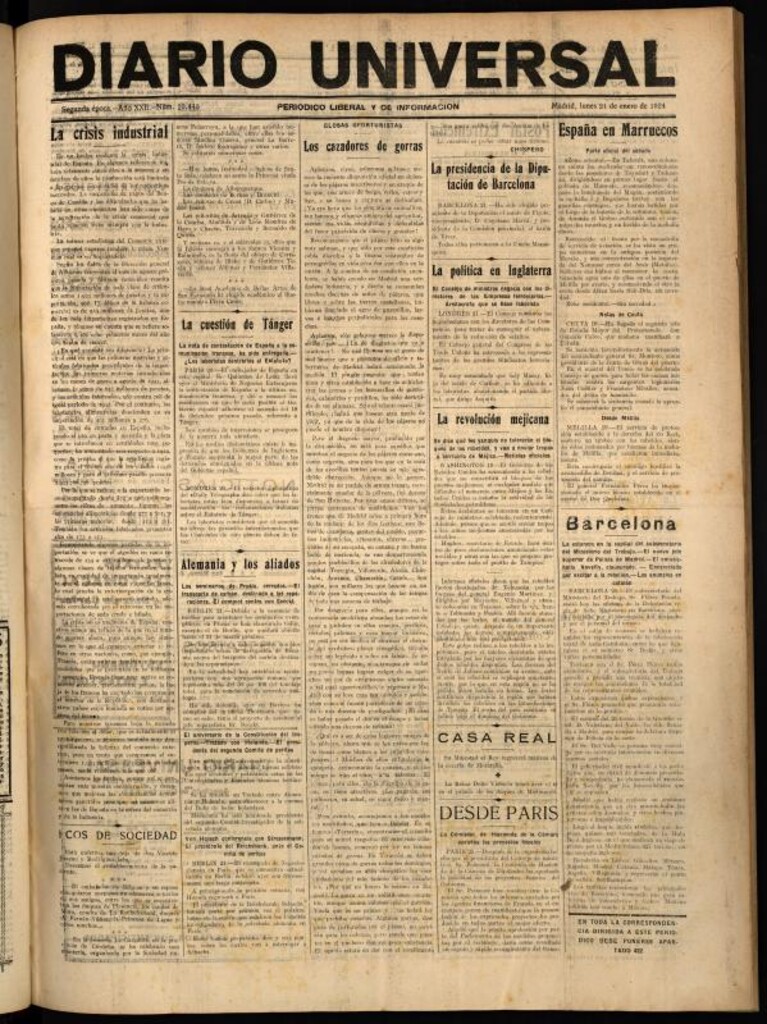 Miniatura de Diario Universal del 21 de enero de 1924