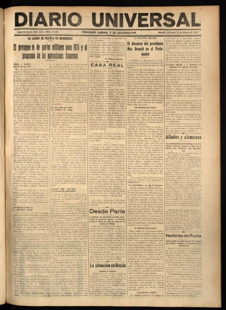 Miniatura de Diario Universal del 13 de febrero de 1924