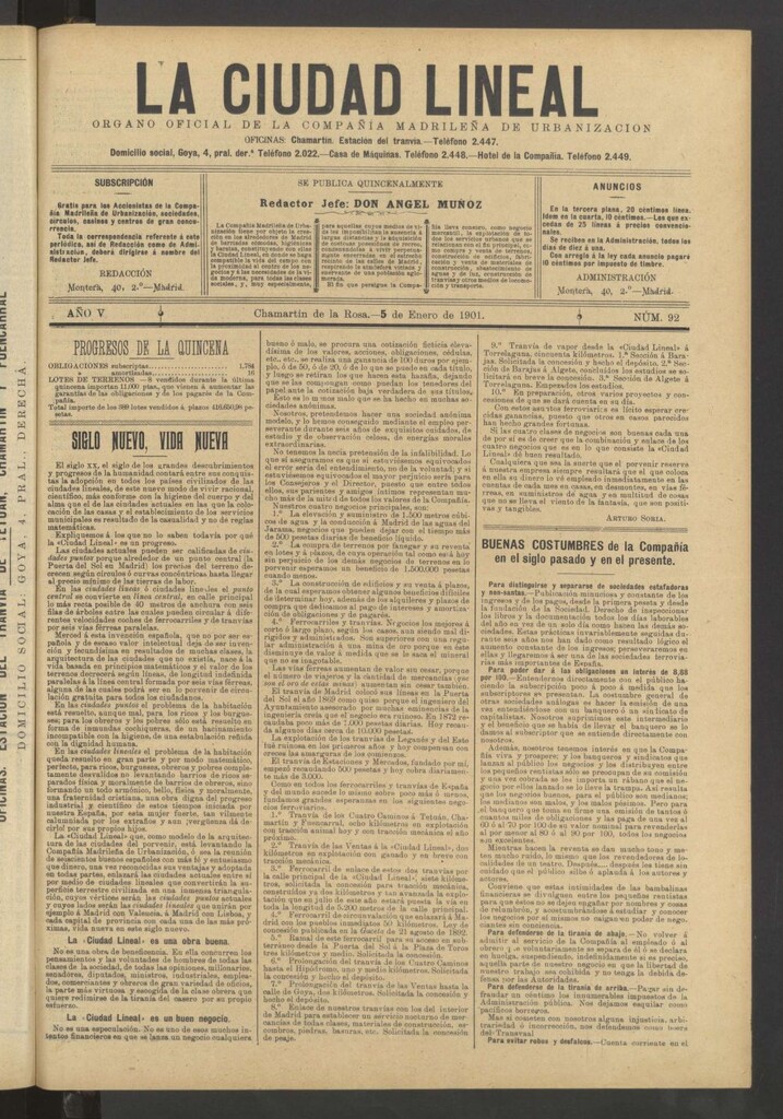 Miniatura de La Ciudad Lineal : órgano oficial de la Compañía Madrileña de Urbanización del 5 de enero de 1901