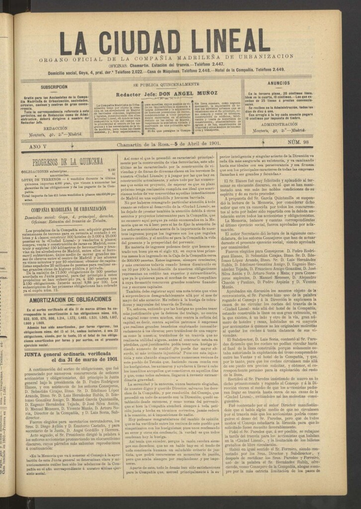 Miniatura de La Ciudad Lineal : órgano oficial de la Compañía Madrileña de Urbanización del 5 de abril de 1901