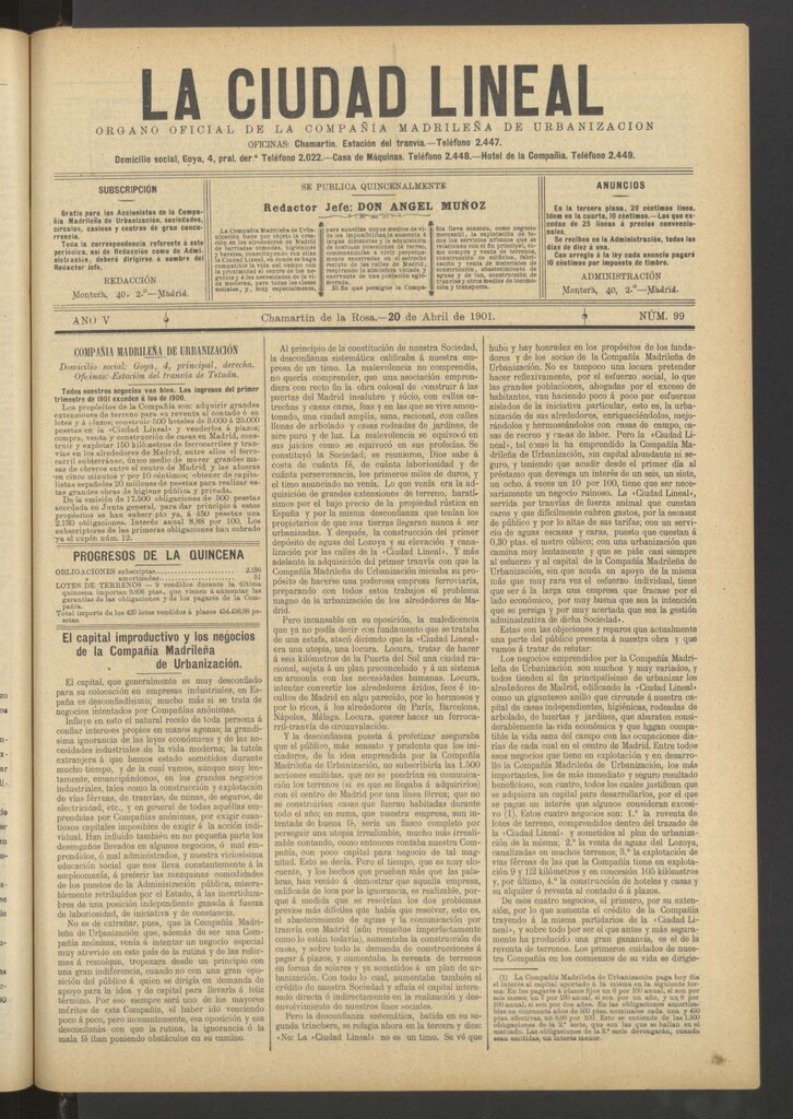 Miniatura de La Ciudad Lineal : órgano oficial de la Compañía Madrileña de Urbanización del 20 de abril de 1901