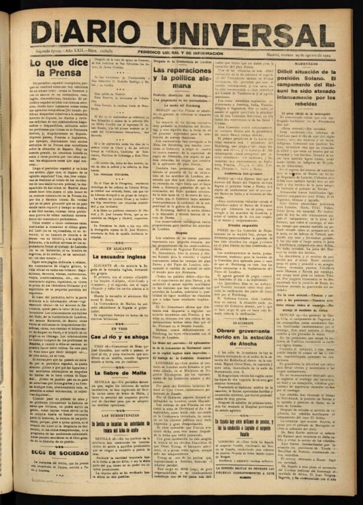 Miniatura de Diario Universal del 29 de agosto de 1924