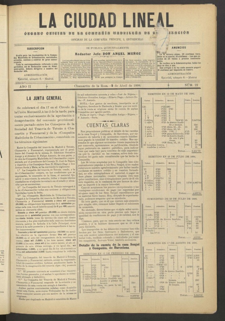 Miniatura de La Ciudad Lineal : órgano oficial de la Compañía Madrileña de Urbanización del 5 de abril de 1898