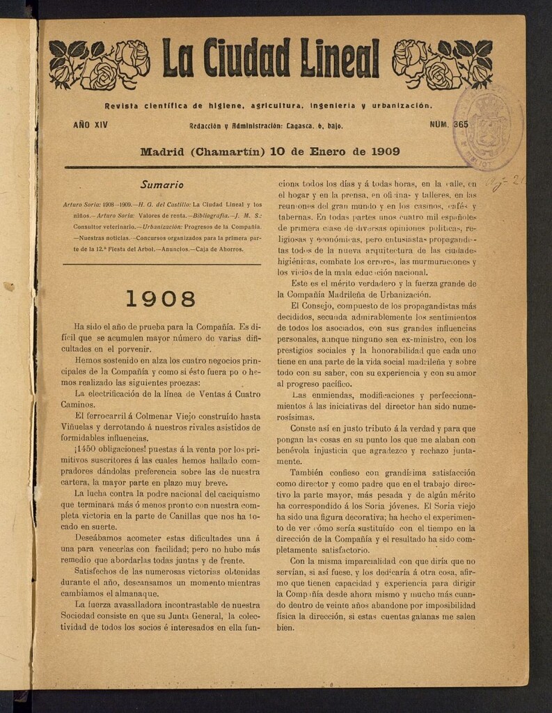 Miniatura de La Ciudad Lineal : órgano oficial de la Compañía Madrileña de Urbanización del 10 de enero de 1909