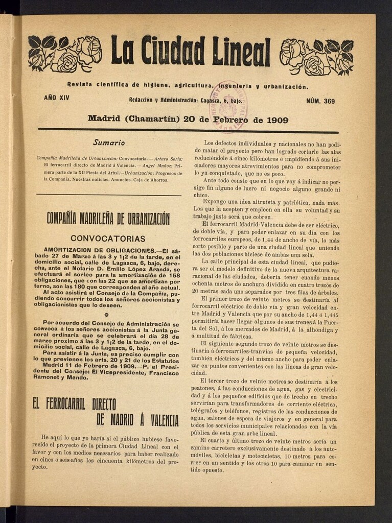 Miniatura de La Ciudad Lineal : órgano oficial de la Compañía Madrileña de Urbanización del 20 de febrero de 1909