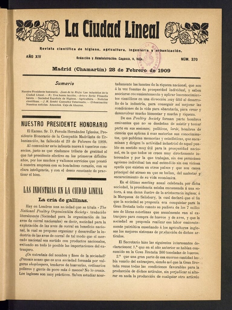 Miniatura de La Ciudad Lineal : órgano oficial de la Compañía Madrileña de Urbanización del 28 de febrero de 1909