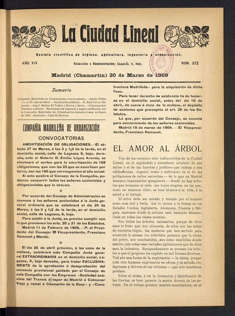 Miniatura de La Ciudad Lineal : órgano oficial de la Compañía Madrileña de Urbanización del 20 de marzo de 1909