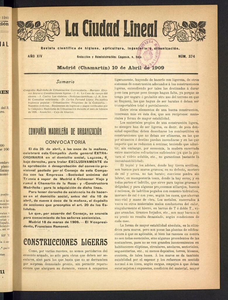 Miniatura de La Ciudad Lineal : órgano oficial de la Compañía Madrileña de Urbanización del 10 de abril de 1909