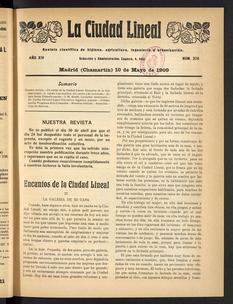 Miniatura de La Ciudad Lineal : órgano oficial de la Compañía Madrileña de Urbanización del 10 de mayo de 1909