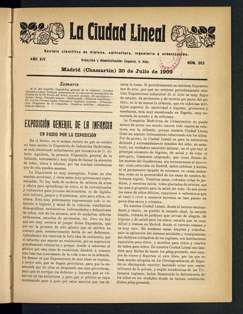 Miniatura de La Ciudad Lineal : órgano oficial de la Compañía Madrileña de Urbanización del 20 de julio de 1909