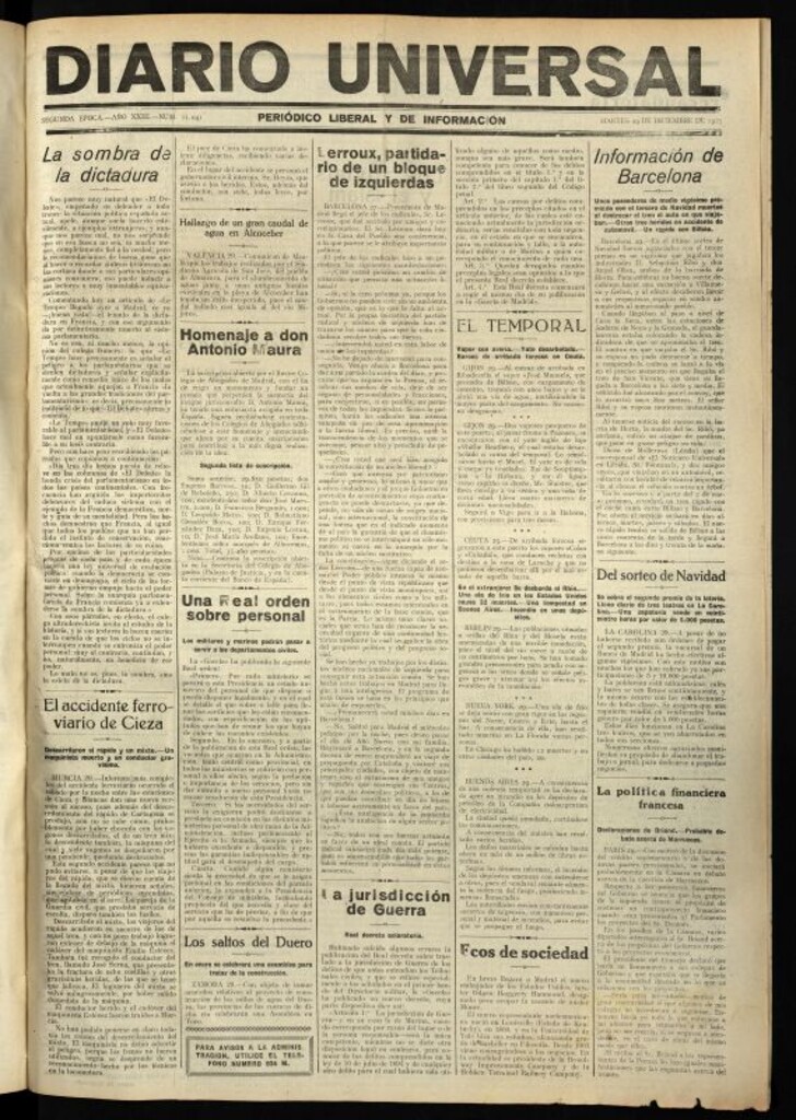 Miniatura de Diario Universal del 29 de diciembre de 1925