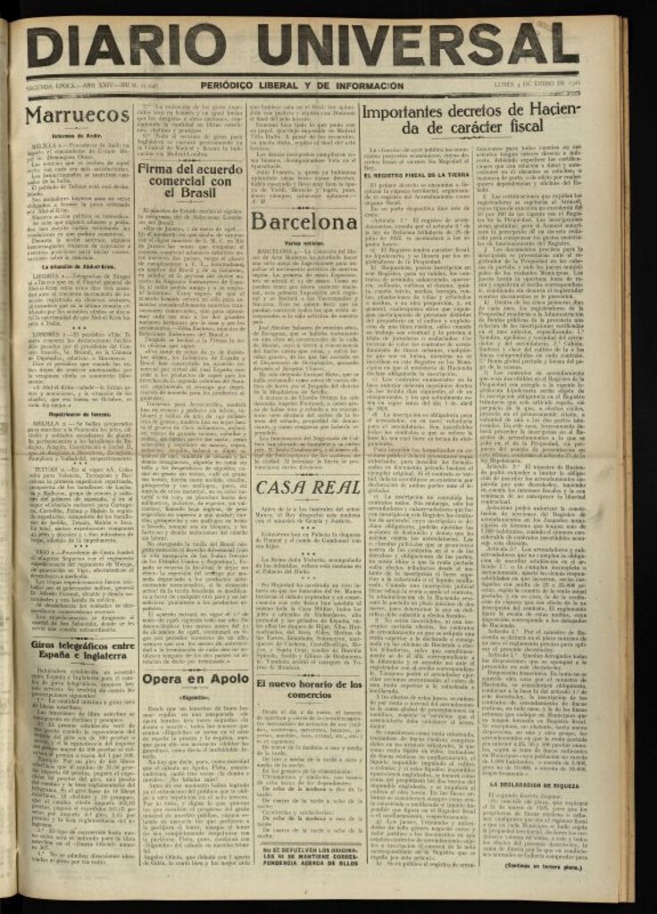 Miniatura de Diario Universal del 4 de enero de 1926